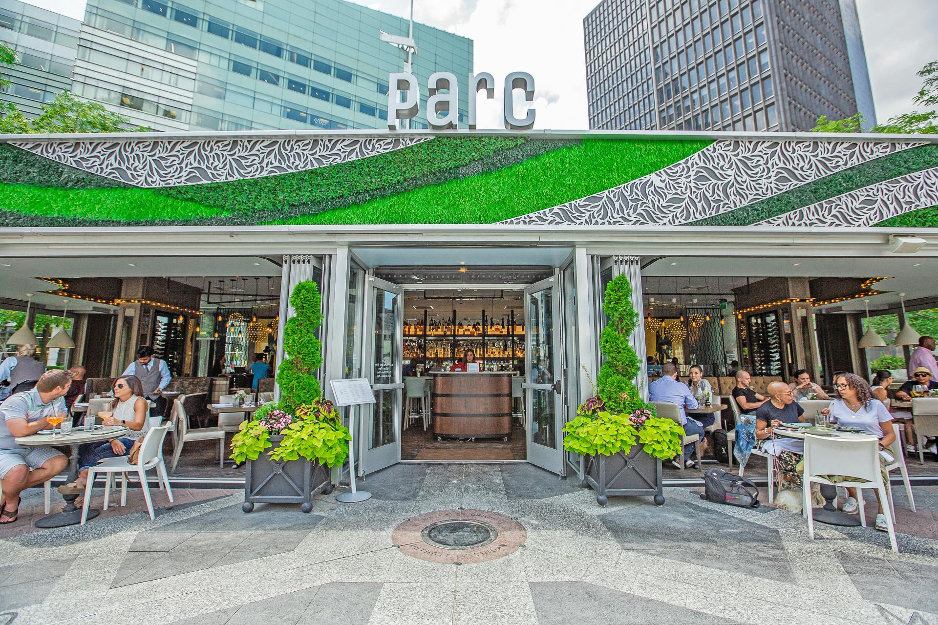 exterior sliding glass walls at Parc Detroit